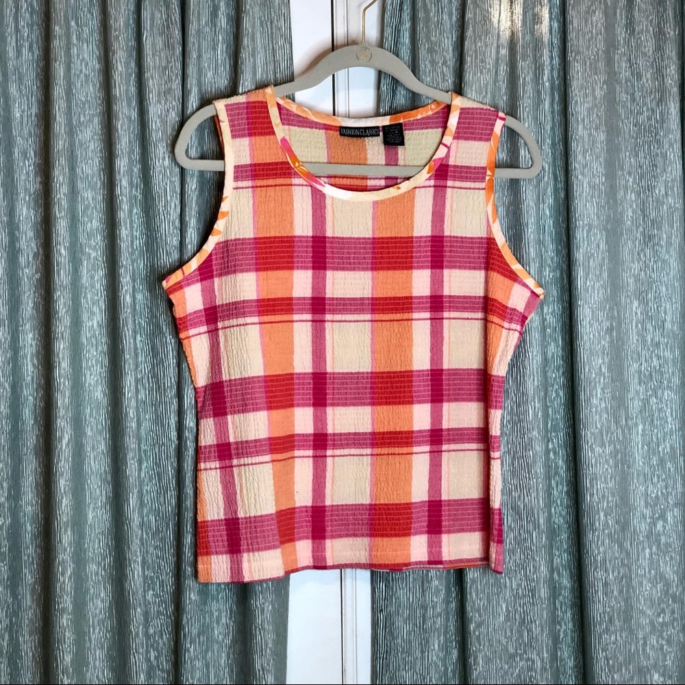 *Bundle 4/$20* Fashion Classics Pink Orange & White Plaid Sleeveless Top Size M